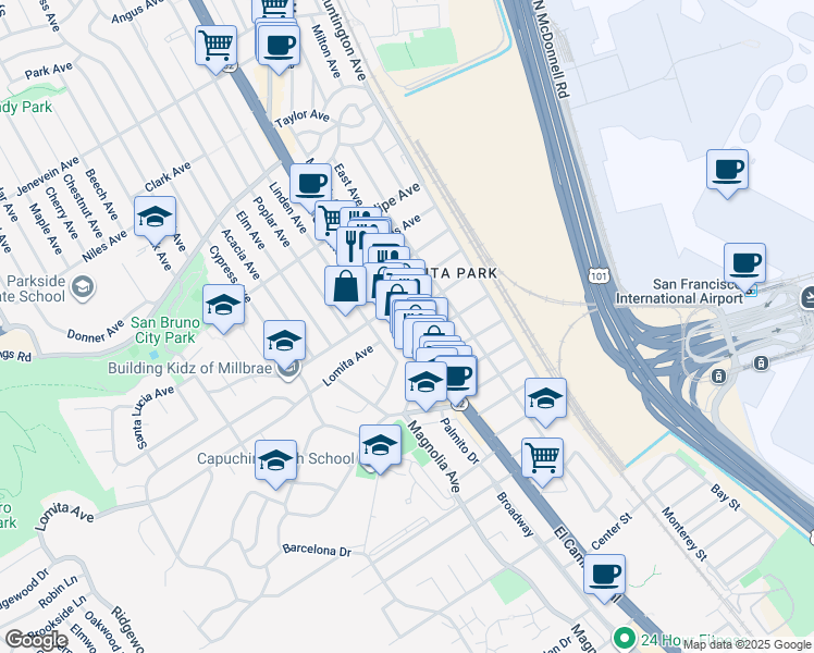 map of restaurants, bars, coffee shops, grocery stores, and more near 2 Santa Lucia Avenue in San Bruno