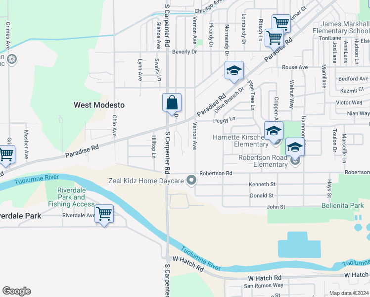 map of restaurants, bars, coffee shops, grocery stores, and more near 1132 Manor Drive in Modesto