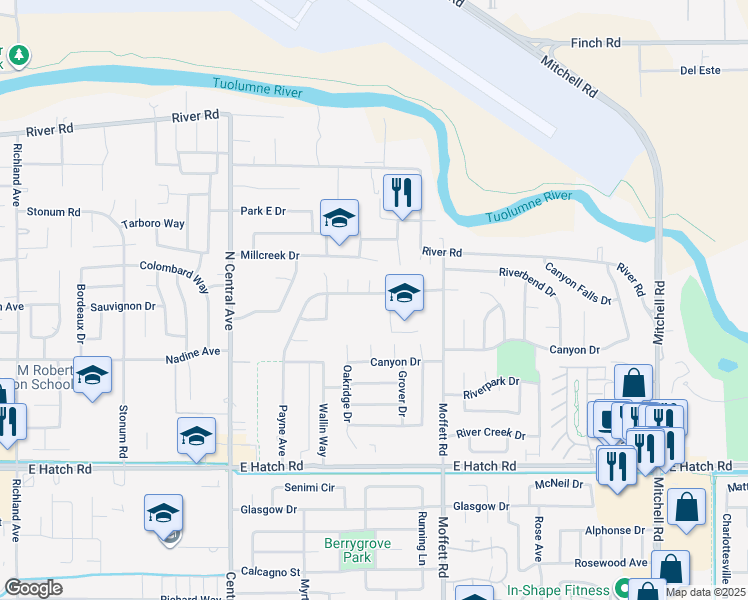 map of restaurants, bars, coffee shops, grocery stores, and more near 2428 Payne Avenue in Modesto