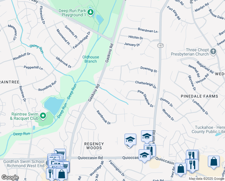 map of restaurants, bars, coffee shops, grocery stores, and more near 9535 Heather Spring Drive in Richmond