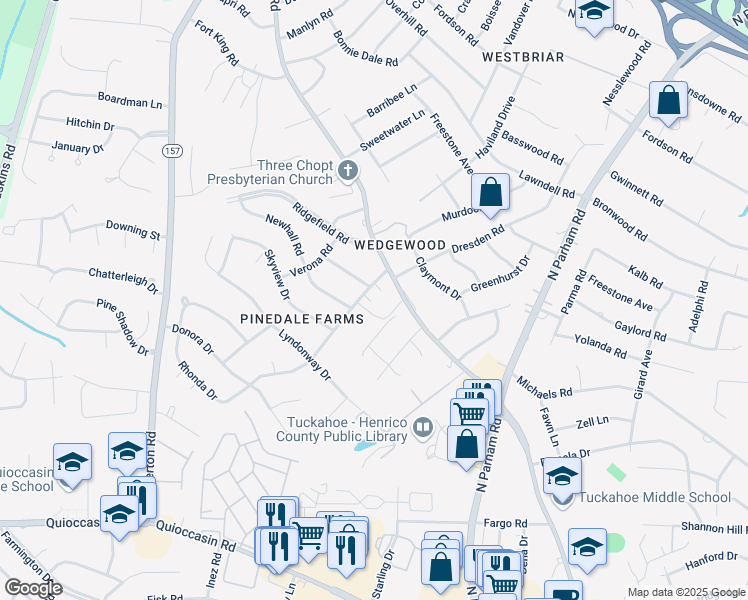 map of restaurants, bars, coffee shops, grocery stores, and more near 2001 Denham Road in Richmond