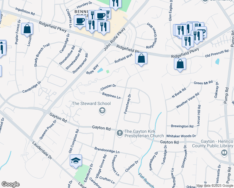map of restaurants, bars, coffee shops, grocery stores, and more near 10604 Baypines Lane in Richmond