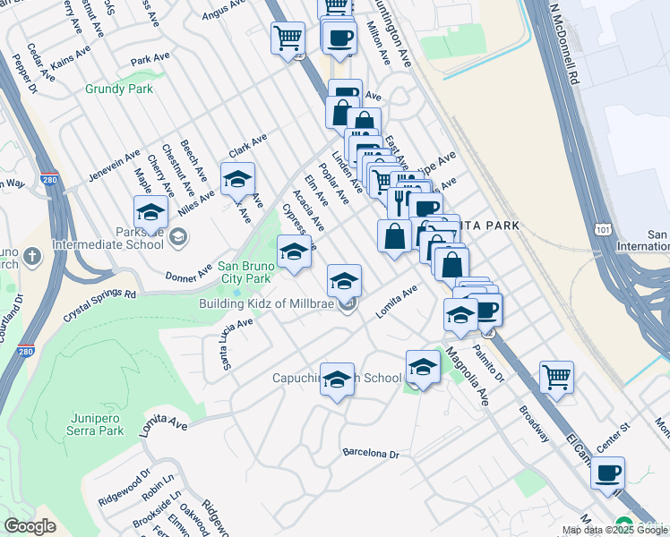 map of restaurants, bars, coffee shops, grocery stores, and more near 160 Cypress Avenue in San Bruno