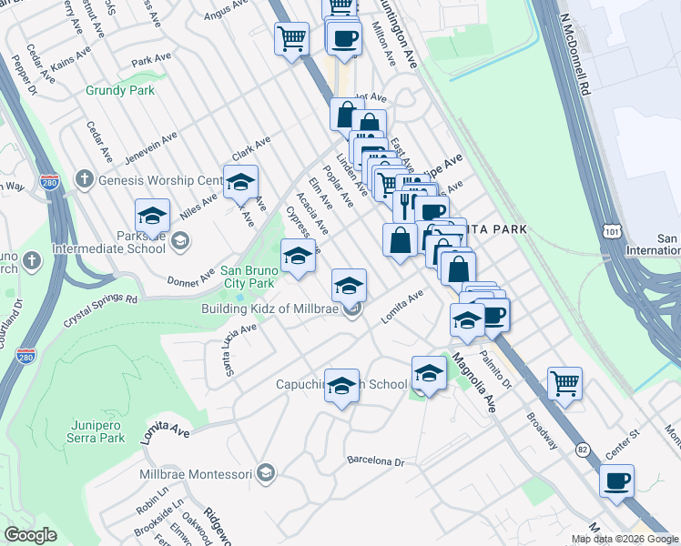 map of restaurants, bars, coffee shops, grocery stores, and more near 160 Cypress Avenue in San Bruno