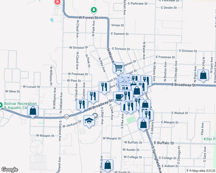 map of restaurants, bars, coffee shops, grocery stores, and more near 218 West Locust Street in Bolivar