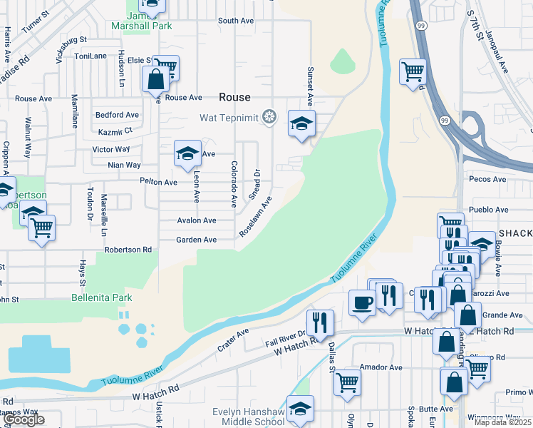 map of restaurants, bars, coffee shops, grocery stores, and more near 1021 Roselawn Avenue in Modesto