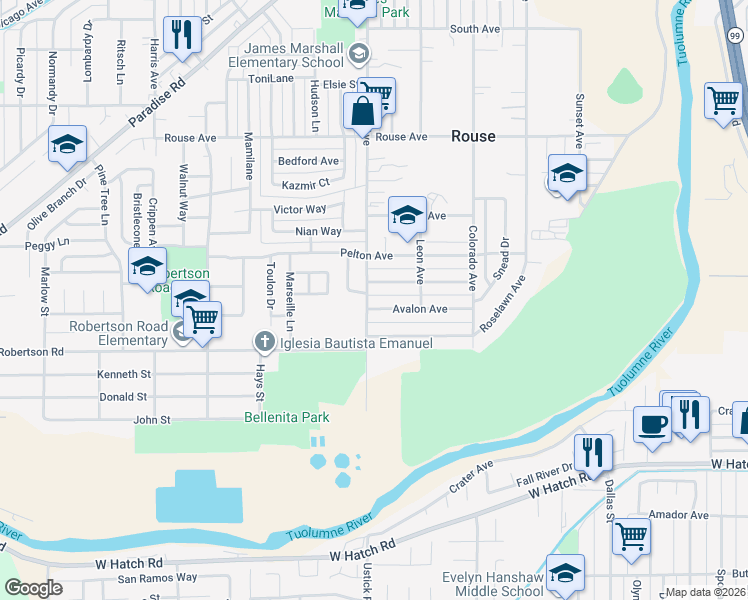 map of restaurants, bars, coffee shops, grocery stores, and more near 1410 Faustina Avenue in Modesto