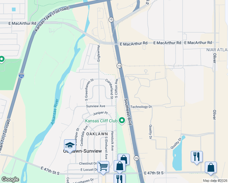 map of restaurants, bars, coffee shops, grocery stores, and more near 4266 Cumberland Street in Wichita