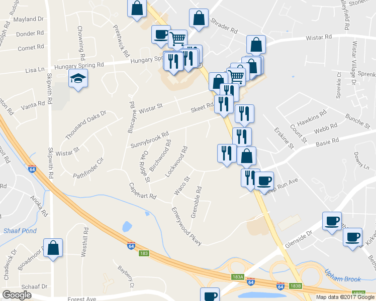 map of restaurants, bars, coffee shops, grocery stores, and more near 7406 Lockwood Road in Richmond