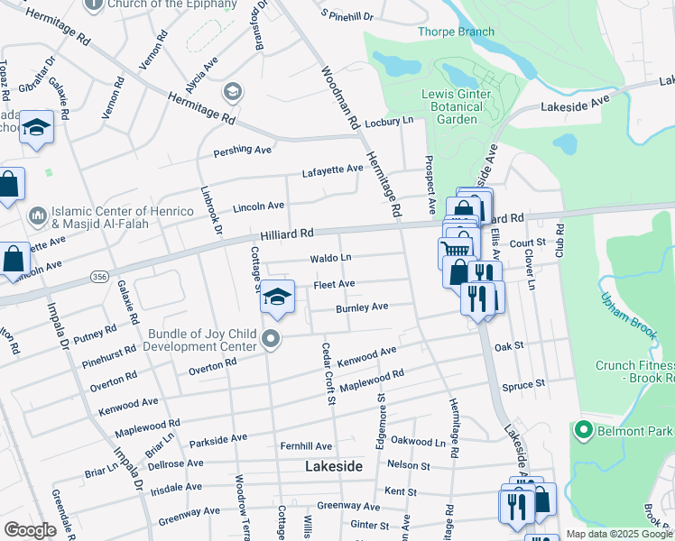 map of restaurants, bars, coffee shops, grocery stores, and more near 6814 Lawrence Avenue in Henrico