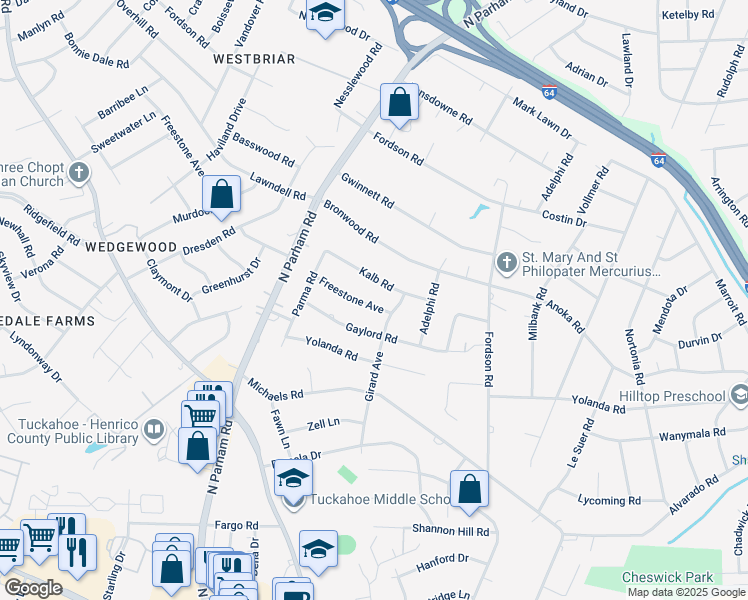 map of restaurants, bars, coffee shops, grocery stores, and more near 8404 Freestone Avenue in Richmond