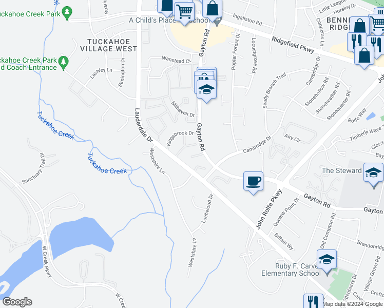 map of restaurants, bars, coffee shops, grocery stores, and more near 2234 Cresthaven Court in Richmond
