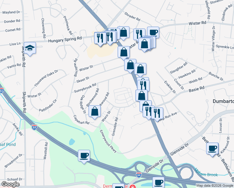map of restaurants, bars, coffee shops, grocery stores, and more near 7415 Waco Street in Richmond