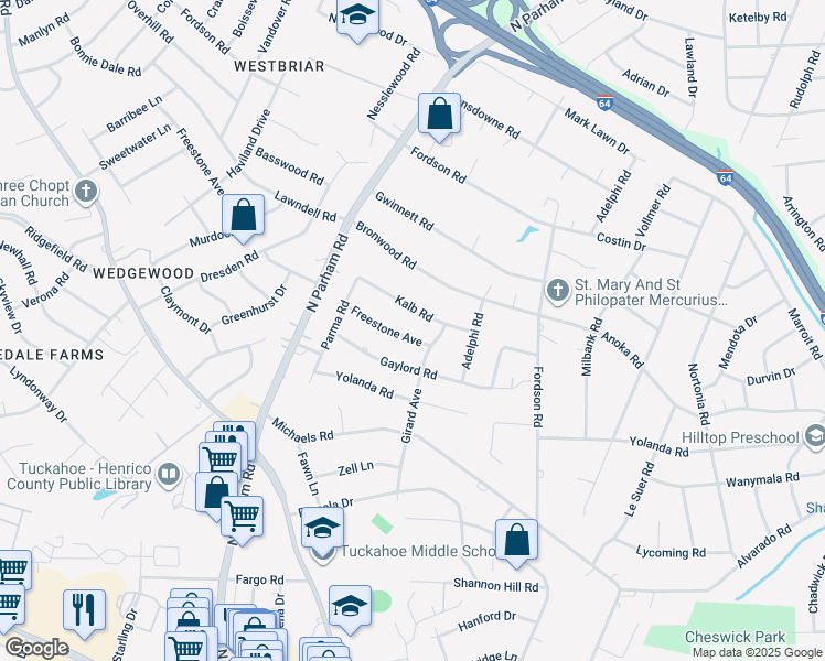 map of restaurants, bars, coffee shops, grocery stores, and more near 8404 Freestone Avenue in Richmond