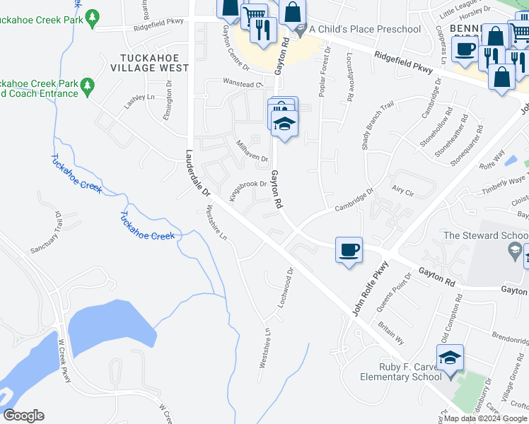 map of restaurants, bars, coffee shops, grocery stores, and more near 2234 Cresthaven Court in Richmond