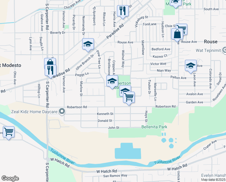 map of restaurants, bars, coffee shops, grocery stores, and more near 1900 Kirschen Drive in Modesto