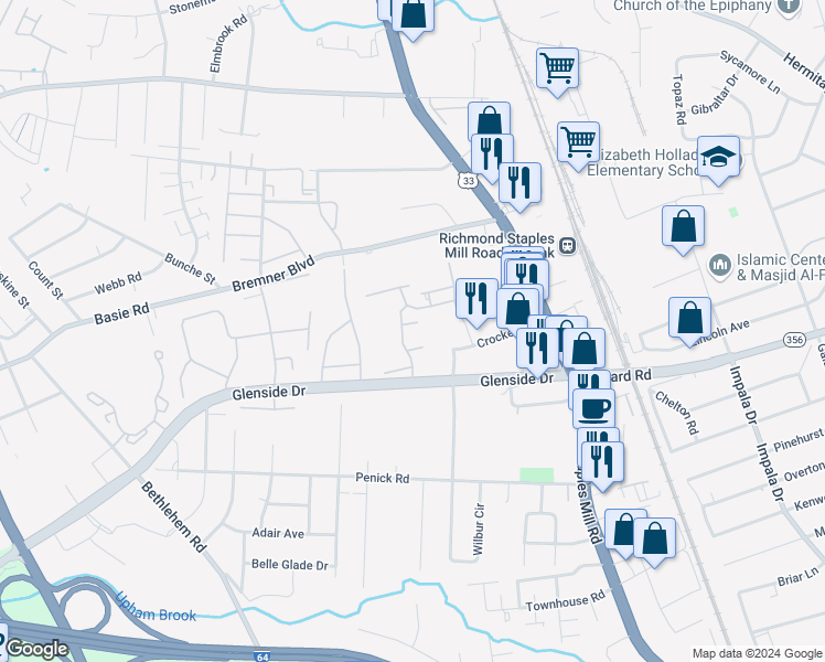 map of restaurants, bars, coffee shops, grocery stores, and more near 4005 Aspen View Court in Richmond