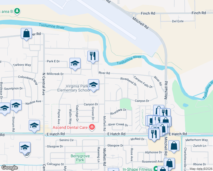 map of restaurants, bars, coffee shops, grocery stores, and more near 2600 Riverview Court in Modesto