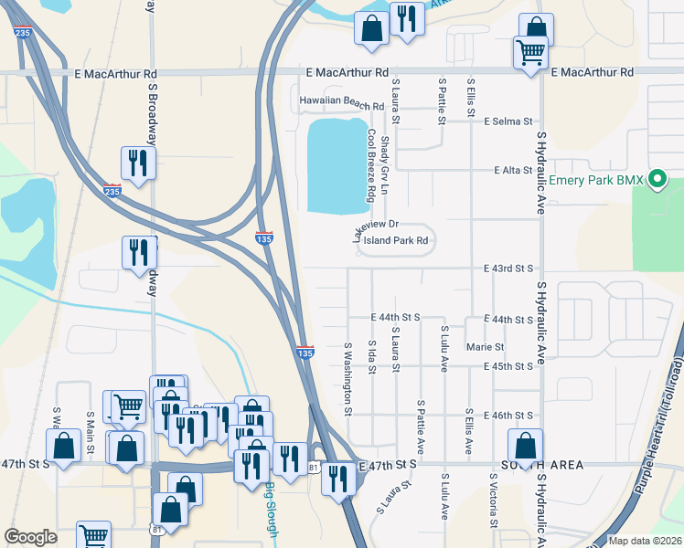 map of restaurants, bars, coffee shops, grocery stores, and more near 171 Lakeview Drive in Wichita