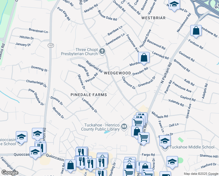 map of restaurants, bars, coffee shops, grocery stores, and more near 2001 Denham Road in Richmond