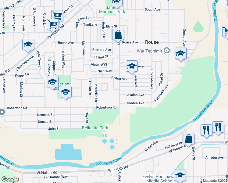 map of restaurants, bars, coffee shops, grocery stores, and more near 1108 Cannes Avenue in Modesto