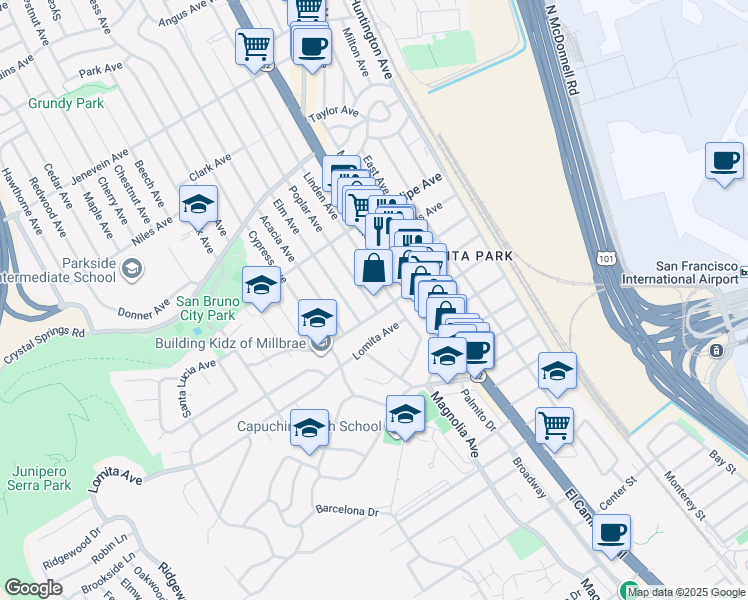 map of restaurants, bars, coffee shops, grocery stores, and more near 110 Poplar Avenue in San Bruno