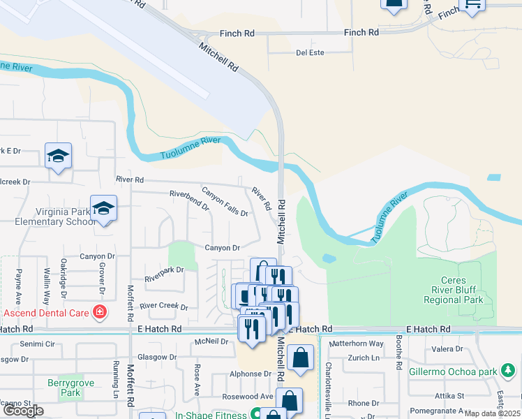 map of restaurants, bars, coffee shops, grocery stores, and more near 984 Canyon Drive in Modesto
