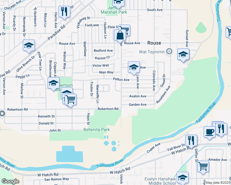 map of restaurants, bars, coffee shops, grocery stores, and more near 1108 Cannes Avenue in Modesto