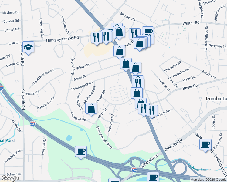 map of restaurants, bars, coffee shops, grocery stores, and more near 7415 Waco Street in Richmond