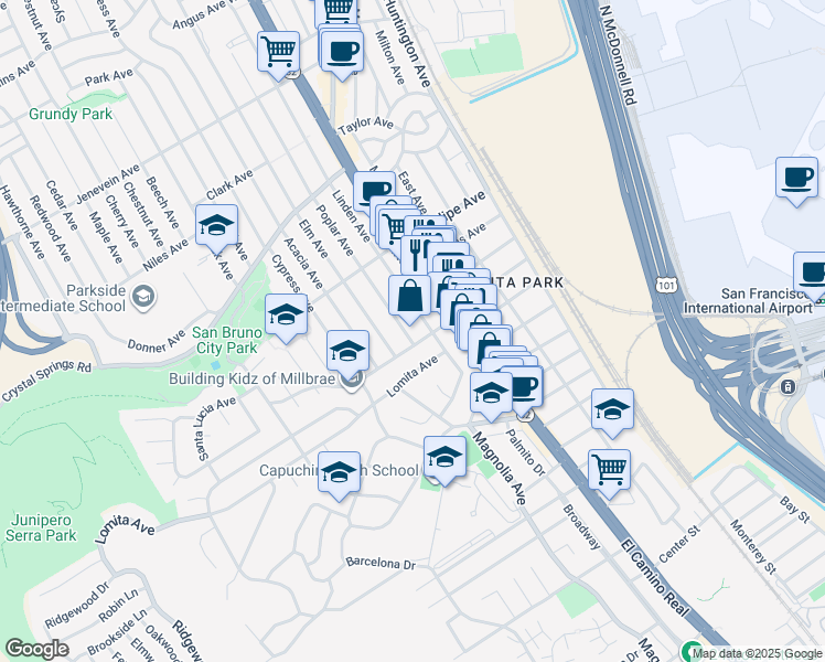 map of restaurants, bars, coffee shops, grocery stores, and more near 110 Poplar Avenue in San Bruno