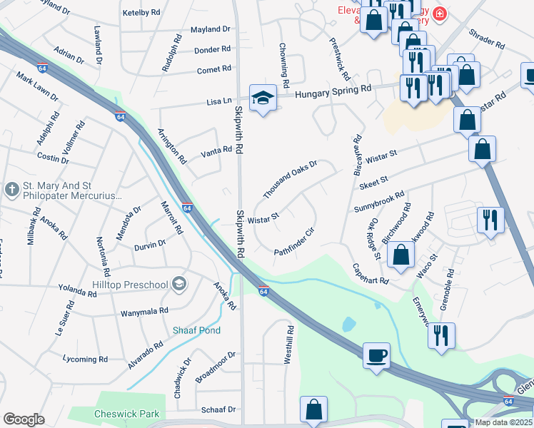 map of restaurants, bars, coffee shops, grocery stores, and more near 2304 Wistar Street in Henrico