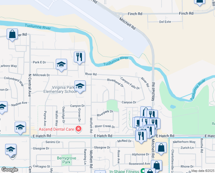 map of restaurants, bars, coffee shops, grocery stores, and more near 916 Valley Wind Way in Modesto