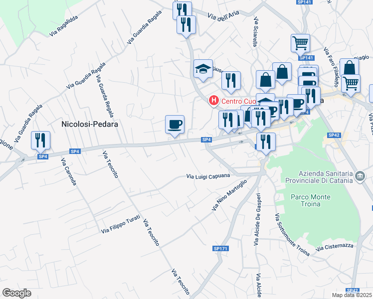 map of restaurants, bars, coffee shops, grocery stores, and more near 411 Corso Ara di Giove in Pedara