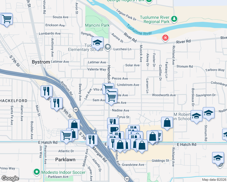 map of restaurants, bars, coffee shops, grocery stores, and more near 920 Herndon Road in Modesto