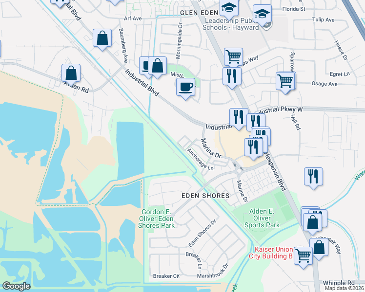 map of restaurants, bars, coffee shops, grocery stores, and more near 2511 Coldstream Way in Hayward