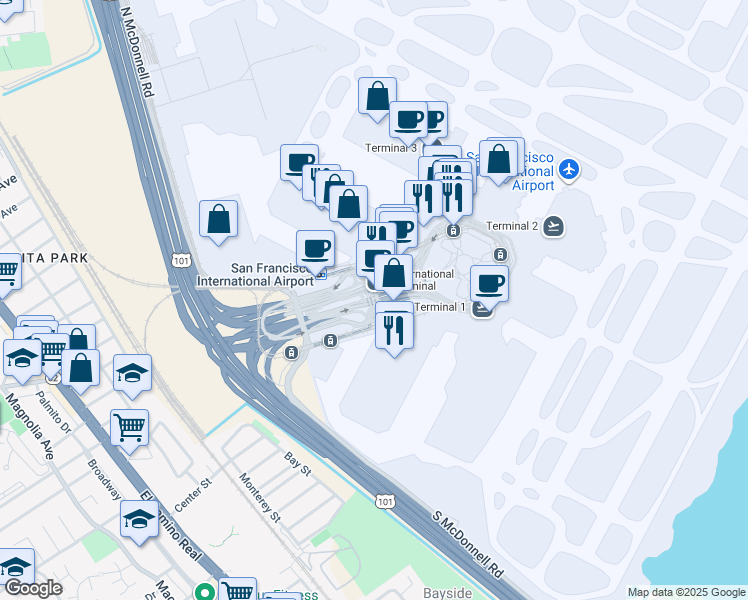 map of restaurants, bars, coffee shops, grocery stores, and more near 334 Domestic Terminals Departures Level in San Francisco