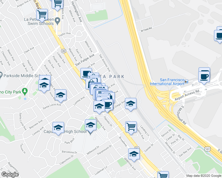 map of restaurants, bars, coffee shops, grocery stores, and more near 230 San Benito Avenue in San Bruno