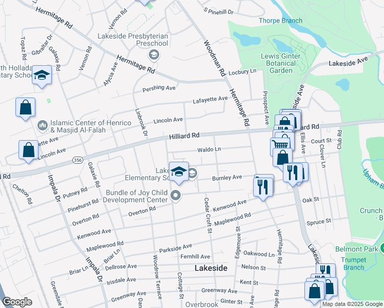 map of restaurants, bars, coffee shops, grocery stores, and more near 2526 Waldo Lane in Henrico