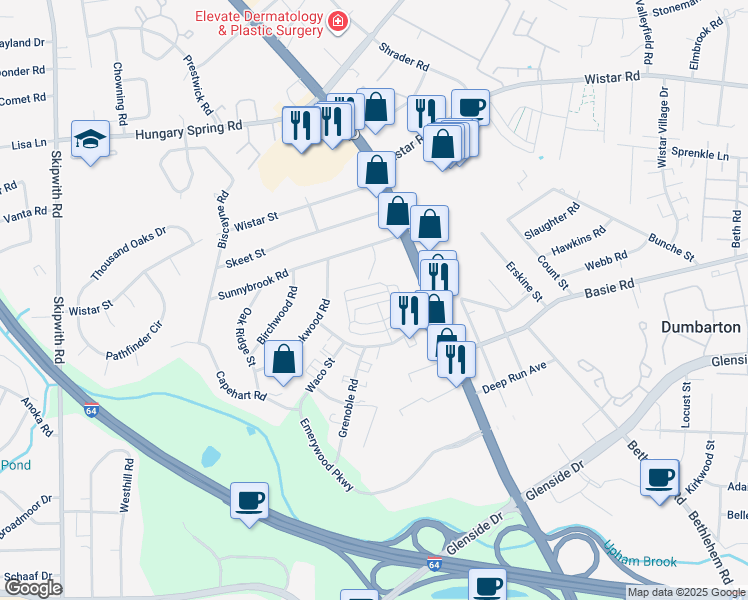 map of restaurants, bars, coffee shops, grocery stores, and more near 7415 Waco Street in Richmond