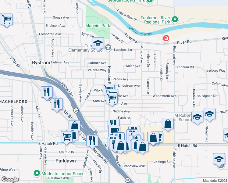 map of restaurants, bars, coffee shops, grocery stores, and more near 920 Herndon Road in Modesto