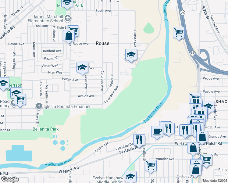map of restaurants, bars, coffee shops, grocery stores, and more near 1021 Roselawn Avenue in Modesto