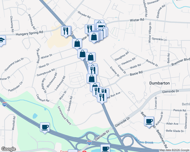 map of restaurants, bars, coffee shops, grocery stores, and more near 7256 West Broad Street in Richmond
