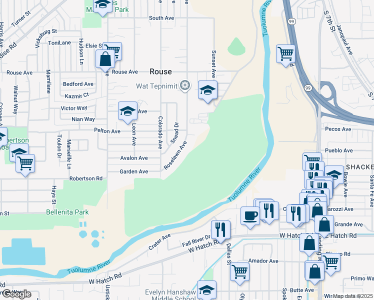 map of restaurants, bars, coffee shops, grocery stores, and more near 1025 Roselawn Avenue in Modesto