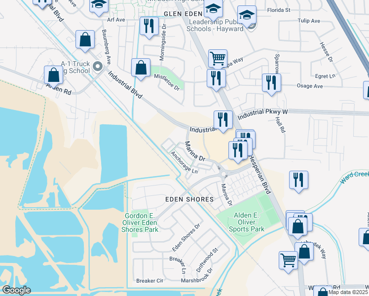 map of restaurants, bars, coffee shops, grocery stores, and more near 28546 Portland Drive in Hayward