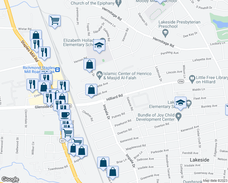 map of restaurants, bars, coffee shops, grocery stores, and more near 2913 Lincoln Avenue in Henrico