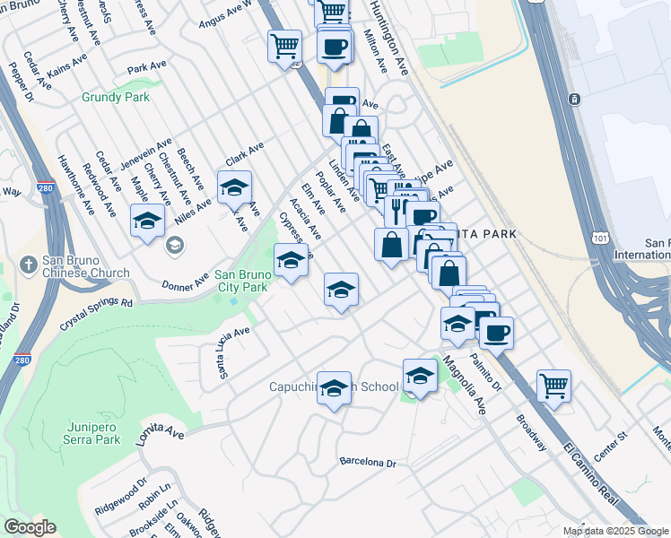 map of restaurants, bars, coffee shops, grocery stores, and more near 168 Acacia Avenue in San Bruno