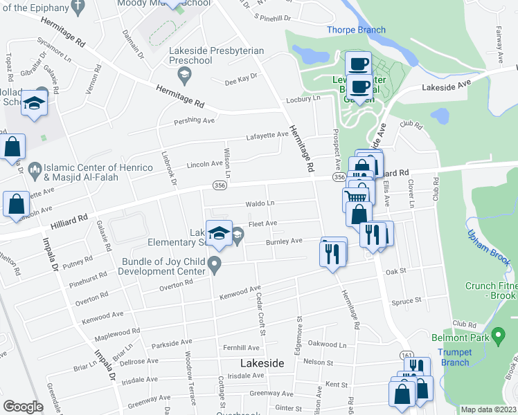 map of restaurants, bars, coffee shops, grocery stores, and more near 2501 Waldo Lane in Henrico