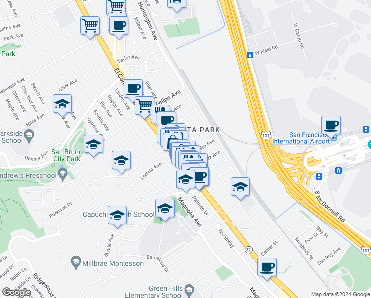 map of restaurants, bars, coffee shops, grocery stores, and more near 540 San Anselmo Avenue South in San Bruno