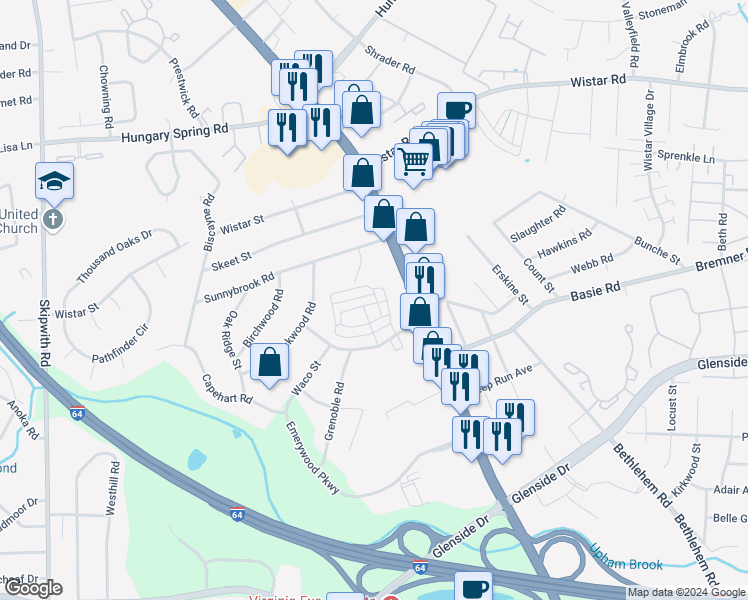 map of restaurants, bars, coffee shops, grocery stores, and more near 7415 Waco Street in Richmond