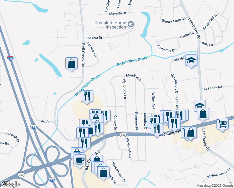 map of restaurants, bars, coffee shops, grocery stores, and more near 7988 Colony Drive in Mechanicsville